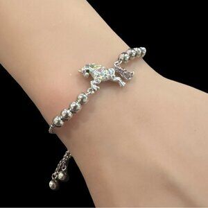 Silver Unicorn Charm Bracelet Adjustable Chain With Beaded Detail & Shimmer